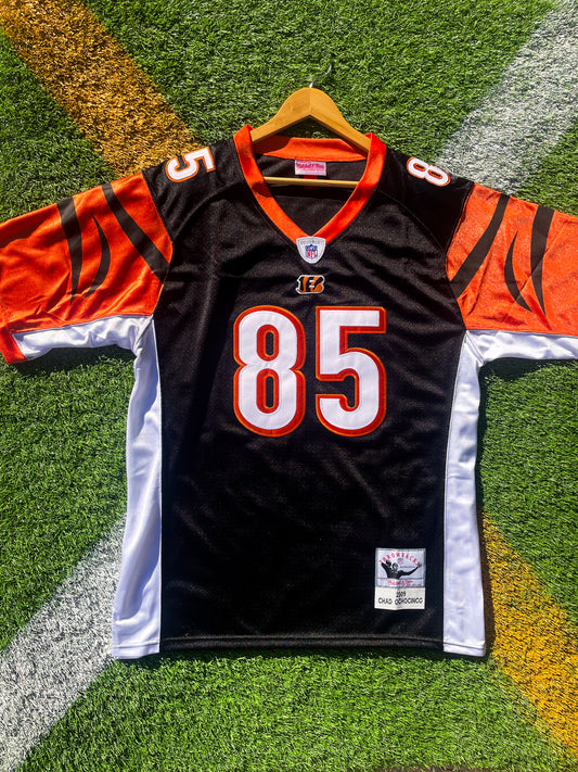 Front view of Cincinnati Bengals 2009 Chad Ochocinco #85 orange throwback jersey

