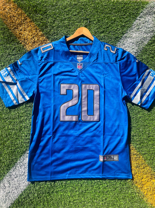 Front view of Detroit Lions 2004 Barry Sanders #20 Honolulu blue throwback jersey


