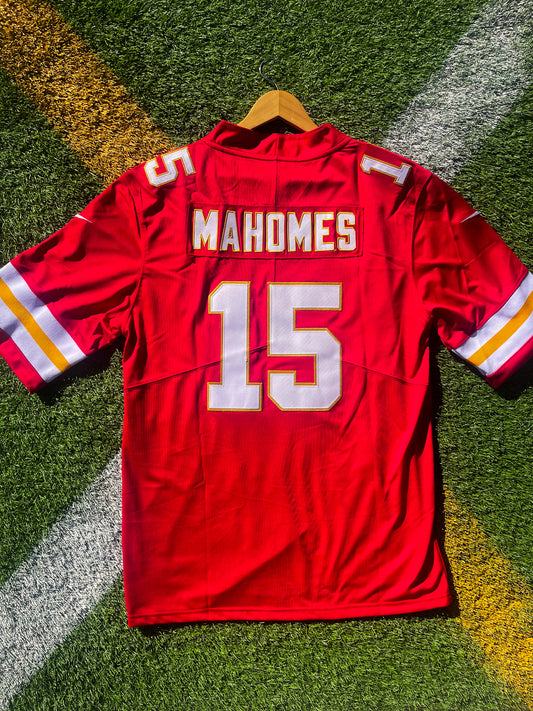 Back view displaying Mahomes' name and number 15 on Chiefs jersey

