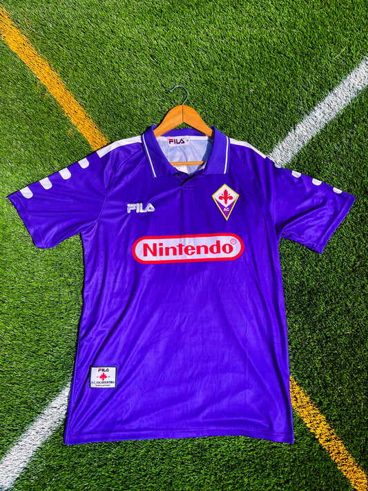 Front view of Fiorentina 1998-99 Home Batistuta #9 jersey in purple with Nintendo sponsor

