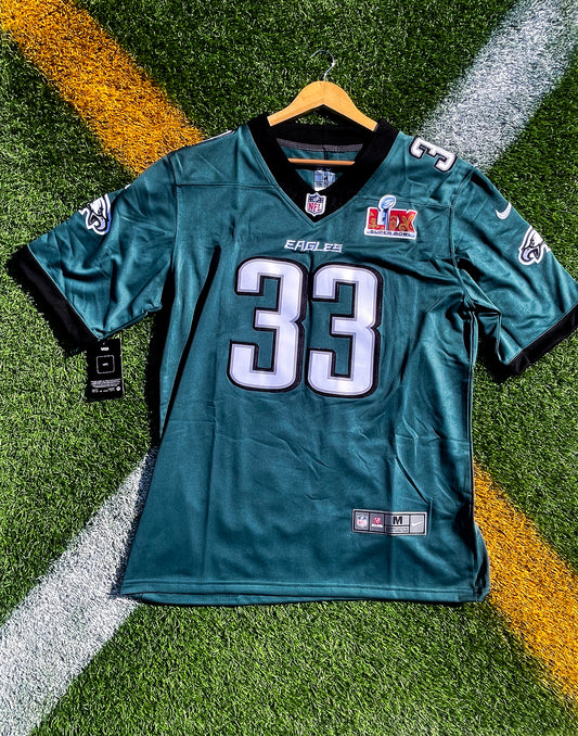 Front view of Philadelphia Eagles 2025 Cooper DeJean #33 midnight green jersey

