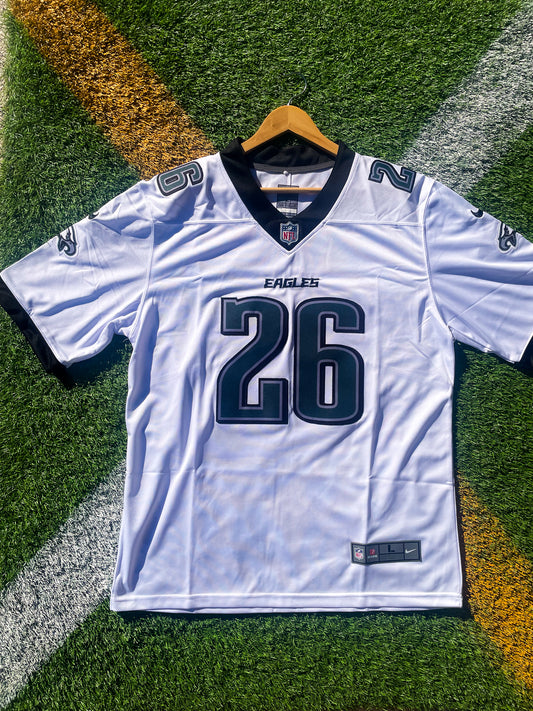 Front view of Philadelphia Eagles 2025 Saquon Barkley #26 white away jersey

