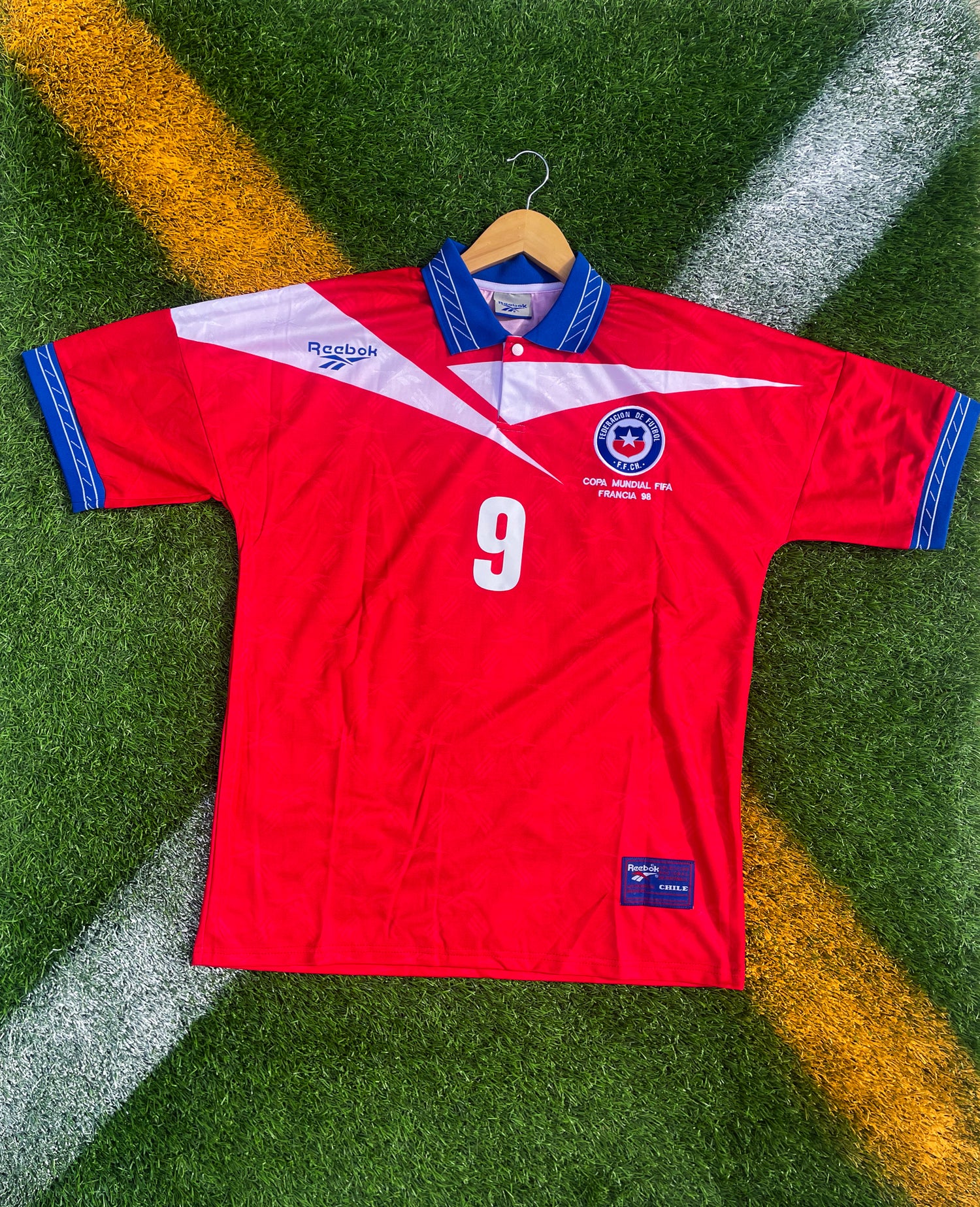 Chile 1998 Home Zamorano #9 Vintage World Cup Jersey – Classic Red Retro Shirt by Reebok - Five Of Cups Official