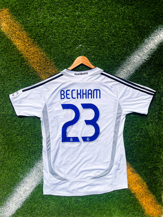 Real Madrid 2007 Home Jersey – Beckham #23 Vintage White Adidas Shirt from Champions League Campaign - Five Of Cups Official
