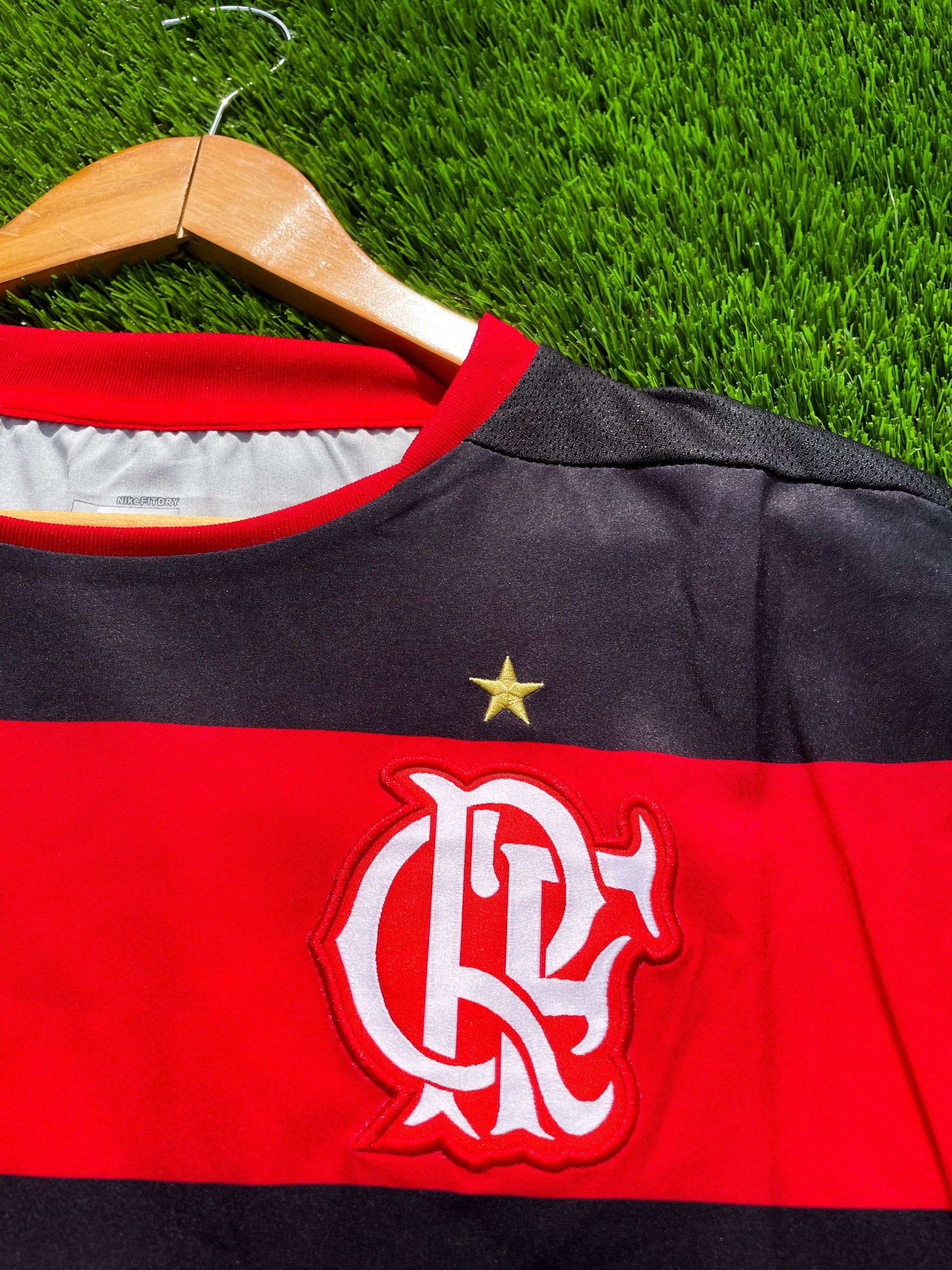 Close-up of Flamengo crest and chest band detail

