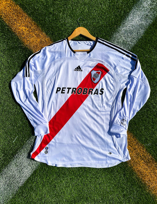 Front view of River Plate 2009/2010 Home Long Sleeve Jersey with red sash

