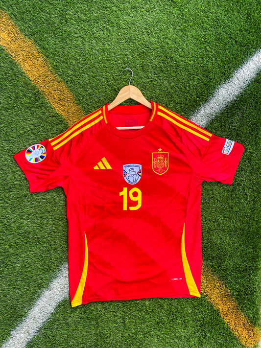 Front view of Spain 2024 Home Jersey in deep red with Adidas details

