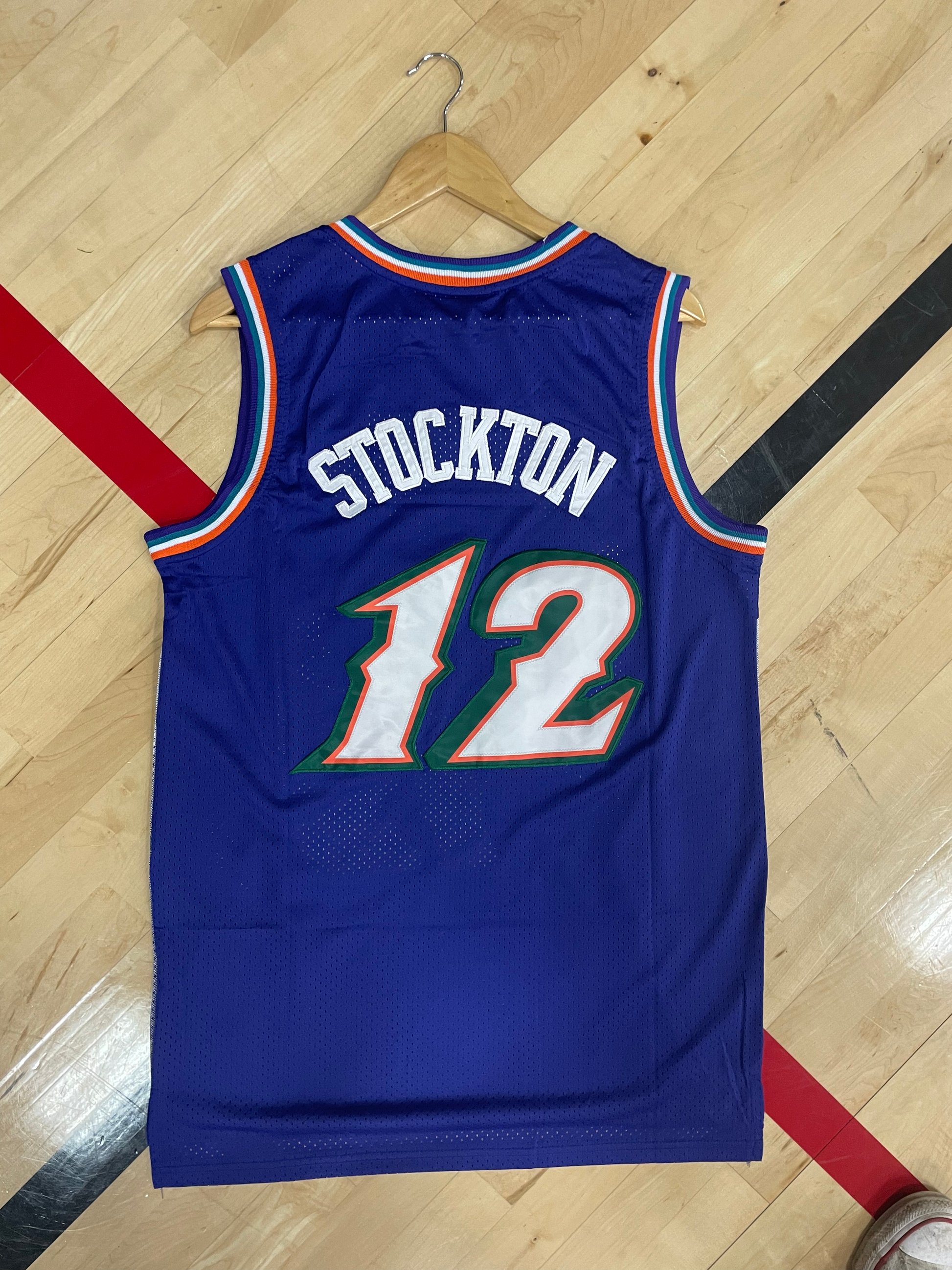 Back view showing Stockton name and number 12 on Jazz vintage jersey

