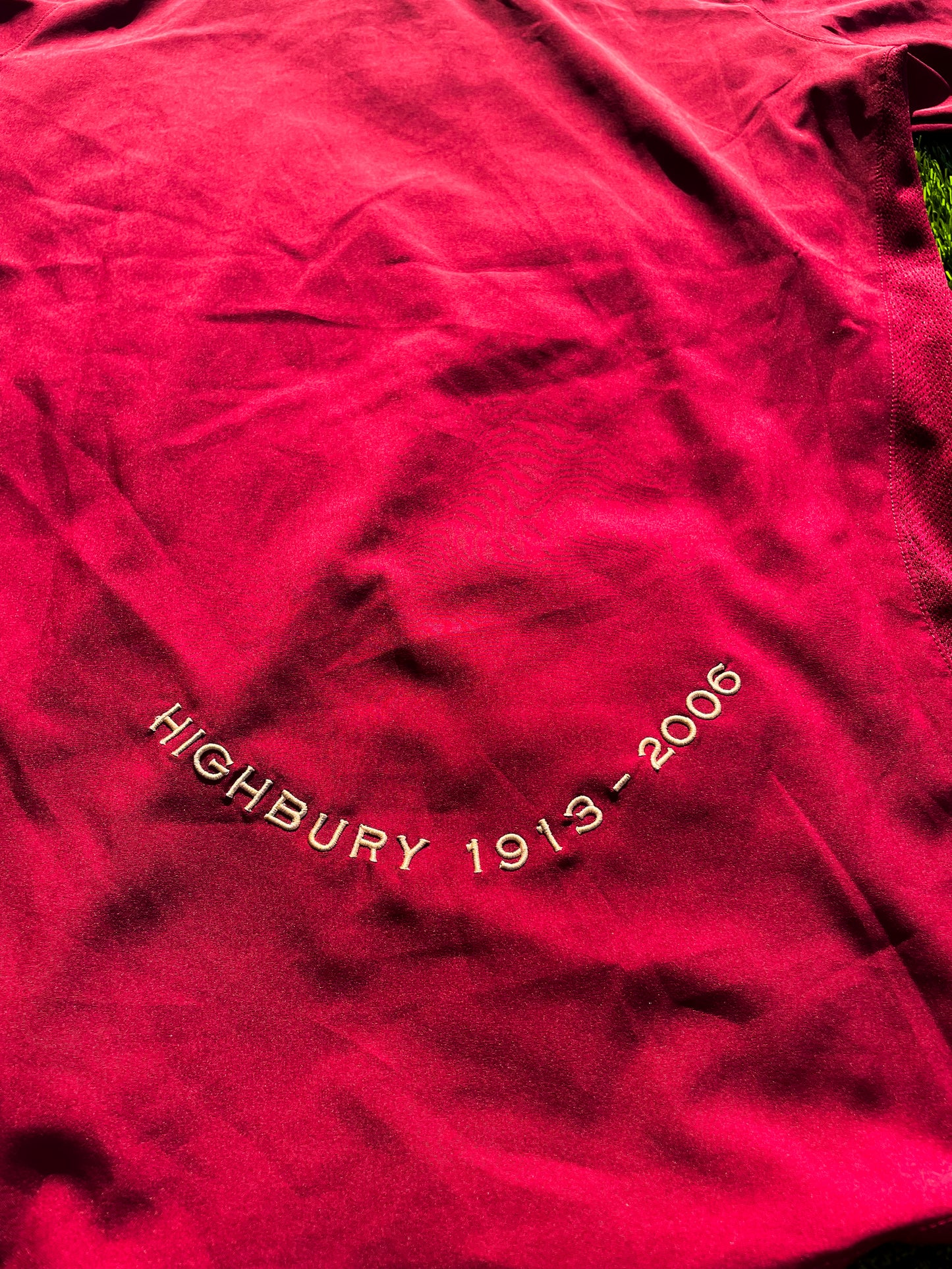 Detail of collar and sleeve with burgundy accents

