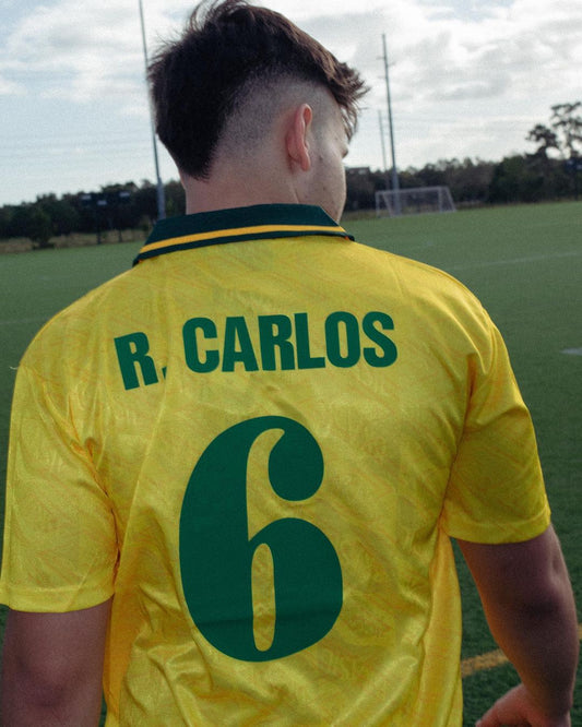 Model wearing the Brazil 1993 Home Jersey styled with casual streetwear