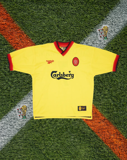 Liverpool FC 1997–99 Away McManaman #7 – Reebok Yellow & Red Classic Football Shirt Carlsberg Vintage