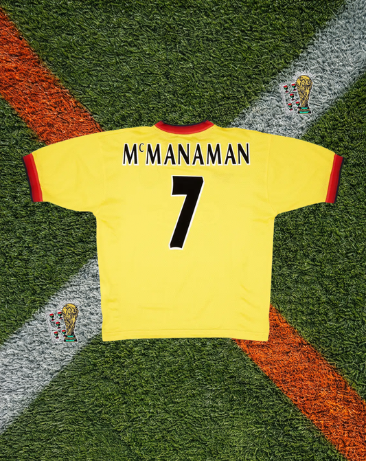 Liverpool FC 1997–99 Away McManaman #7 – Reebok Yellow & Red Classic Football Shirt Carlsberg Vintage