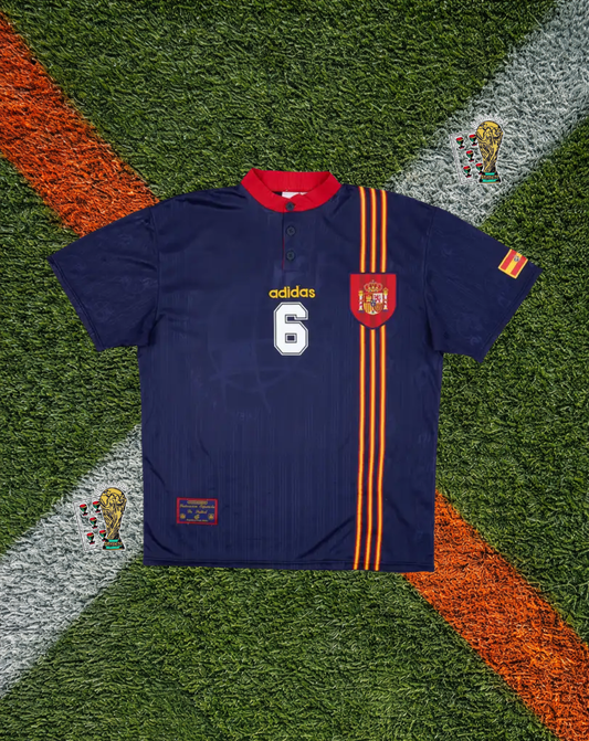 Spain 1996 Away Jersey – R. Hierro #6 – Navy Blue Base EURO 96 Edition
