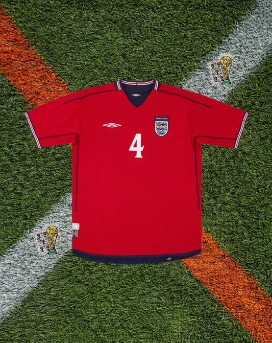 England 2002–2004 Away Jersey – Gerrard #4 -Vintage Red Three Lions Icon