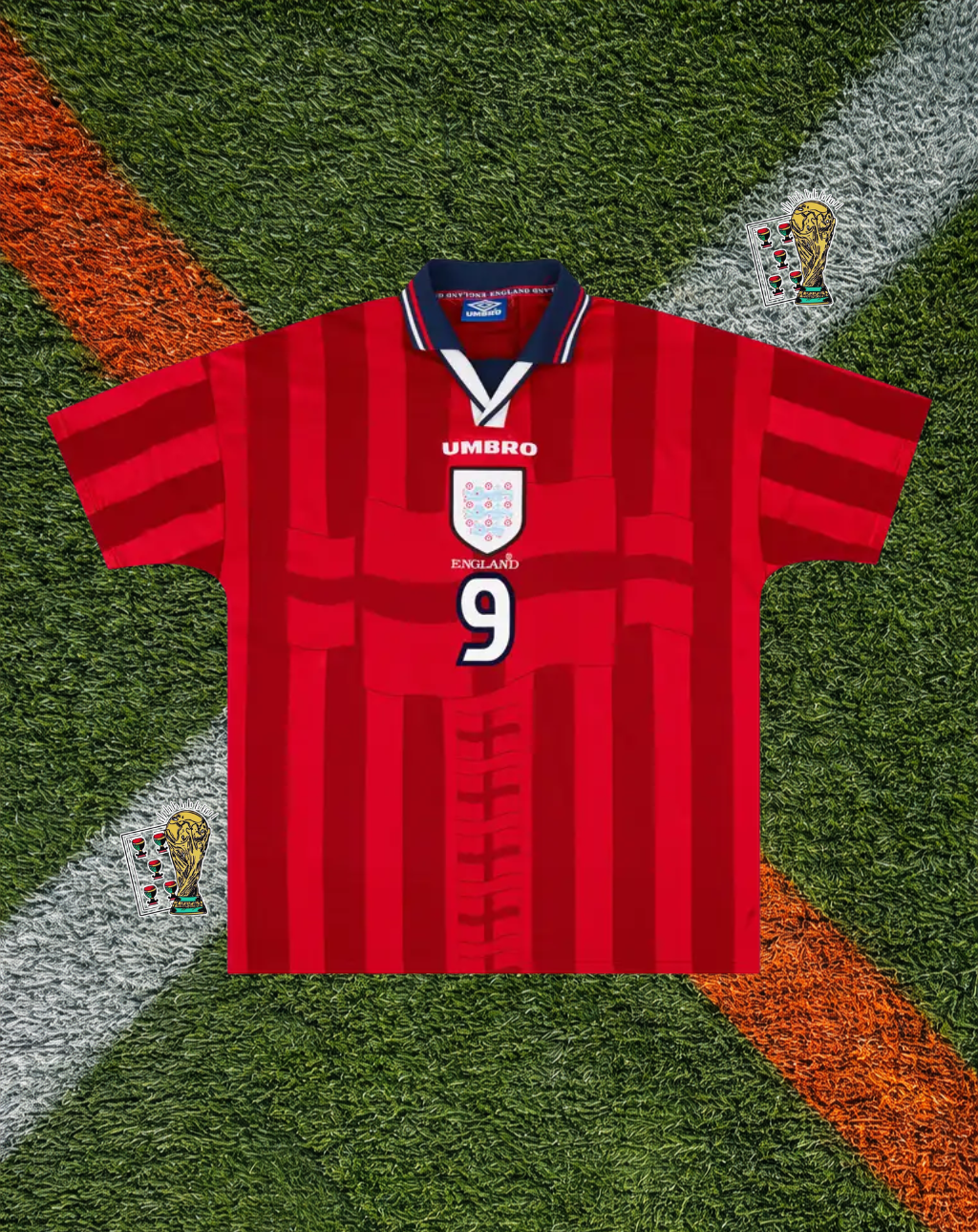 England 1997–1999 Away Jersey – Shearer #9- Bold Red Checkered Era Design