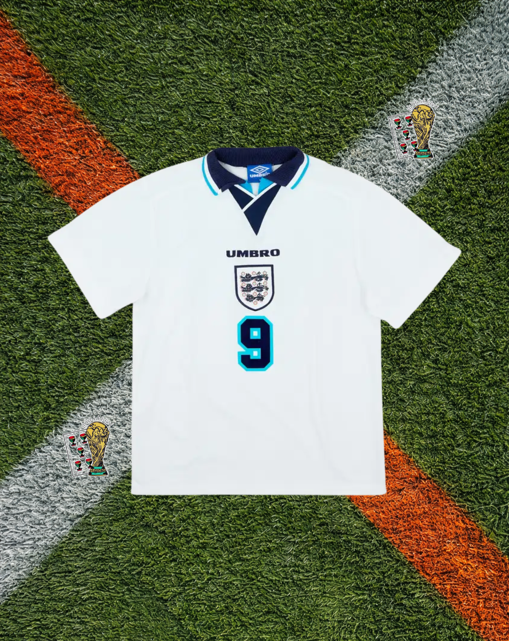 England 1995–1997 Home Jersey – Shearer #9 -Navy Collar & Teal Trim Edition