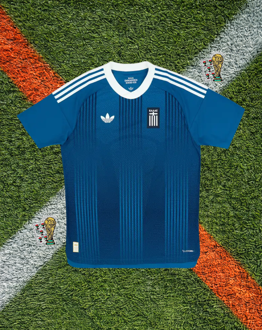 Greece 2026 Away Jersey -Originals Deep Aegean Blue Tonal Pinstripe White Trim Crew-Neck