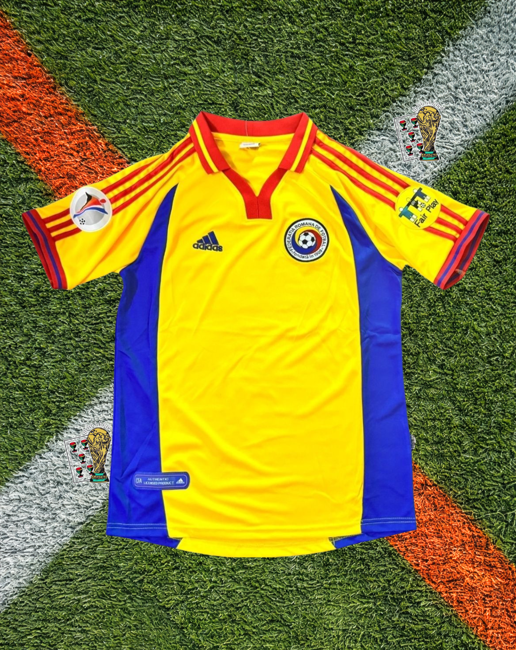 Romania 2000-2002 Home Jersey -Adidas Vibrant Yellow Royal Blue Contrast Panel Ribbed Polo Collar