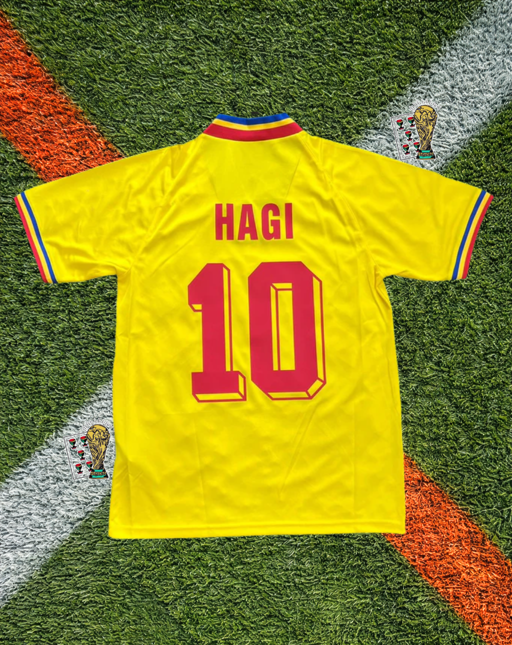 Romania 1994 Home Jersey - World Cup Edition -Adidas Vibrant Yellow Tri-Color Geometric Stripe V-Neck
