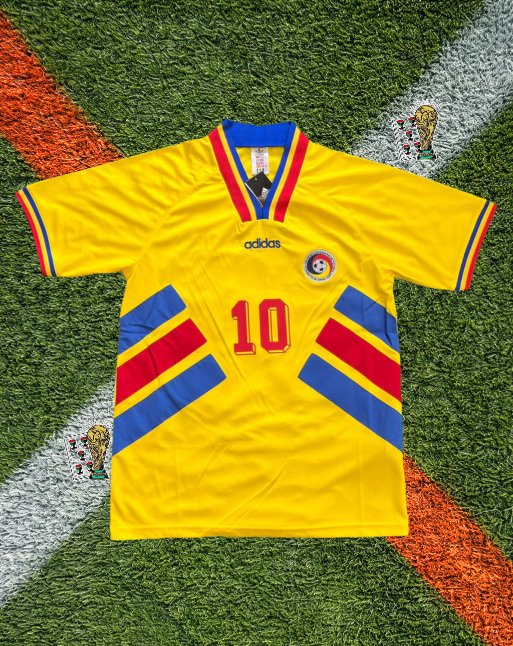 Romania 1994 Home Jersey - World Cup Edition -Adidas Vibrant Yellow Tri-Color Geometric Stripe V-Neck