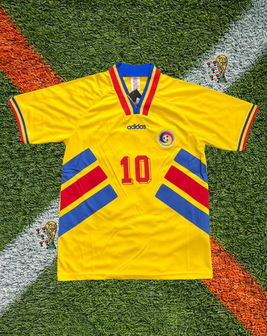 Romania 1994 Home Jersey - World Cup Edition -Adidas Vibrant Yellow Tri-Color Geometric Stripe V-Neck