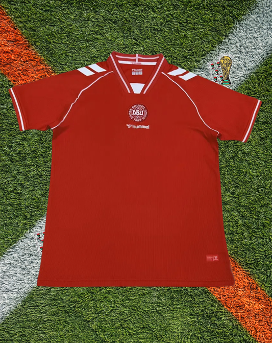 Denmark 2026  Home Jersey- Hummel Retro Red White Pinstripe Raglan Crossed V-Neck- World Cup Edition