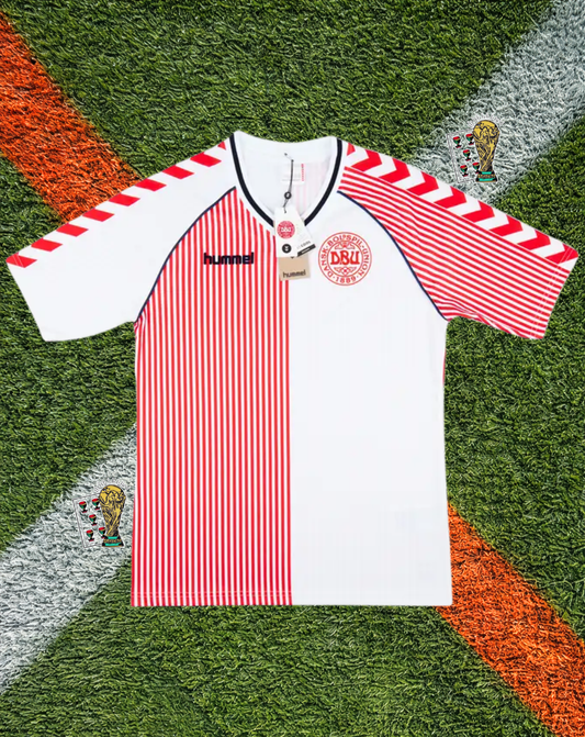 Denmark 1986  Away Jersey -  - Hummel Vintage Halved Pinstripe V-Neck Retro Jersey- World Cup Jersey