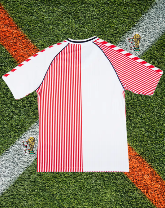 Denmark 1986  Away Jersey -  - Hummel Vintage Halved Pinstripe V-Neck Retro Jersey- World Cup Jersey