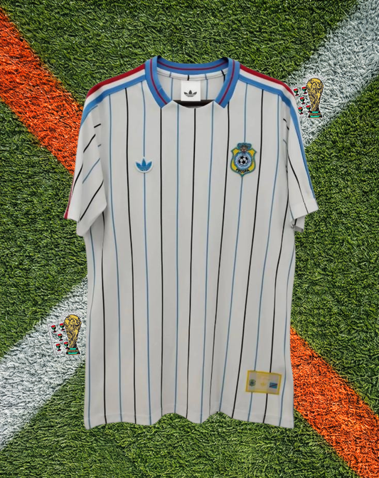 DR Congo 2026 Home (World Cup Edition) - Adidas Vintage Pristine White Multicolored Pinstripe Ribbed V-Neck Polo