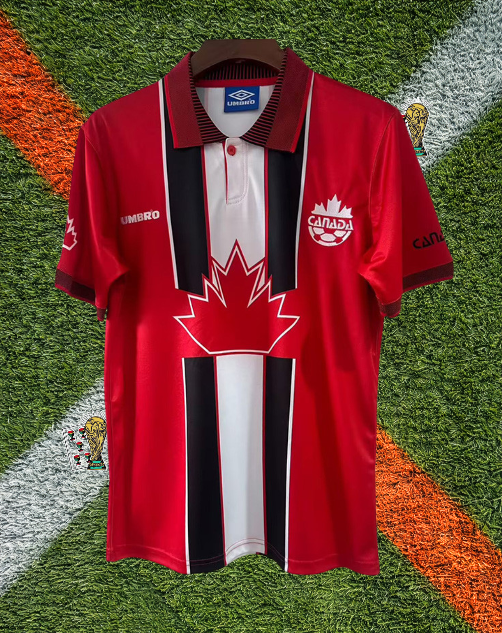 Canada 1998 Home Jersey- Vintage Umbro Central Maple Leaf Vertical Block Stripe Polo