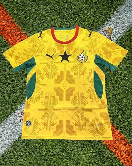 Ghana 2026 Away Jersey - Vibrant Yellow Tonal Kente Graphic Black Star Crew-Neck- World Cup Edition