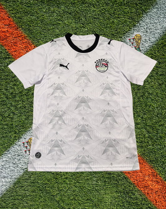 Egypt 2026 Away Jersey- Pristine White Tonal Pyramid Graphic Black Trim Crew-Neck- World Cup Jersey