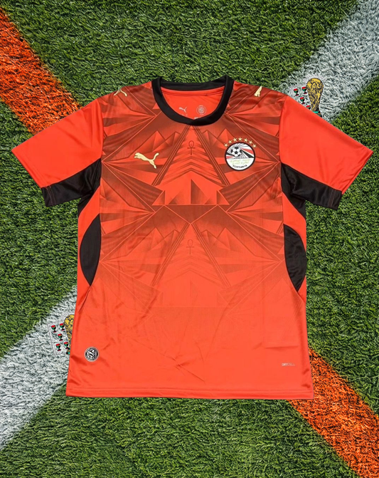 Egypt 2026 Home Jersey- Red Black Geometric Pyramid Graphic Gold Trim Crew-Neck- World Cup Jersey