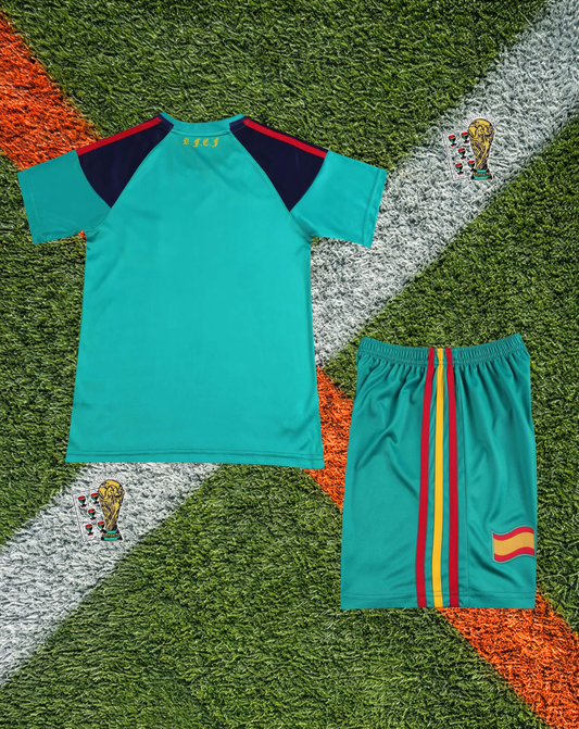 Spain  2010 Goalkeeper Jersey Aqua Green Navy Yellow Tricolor Sleeve- Kids Edition