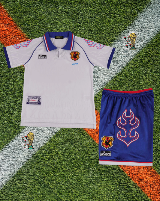 Japan 1998 Away Nakata #8 World Cup Vintage Soccer Jersey – Classic White Samurai Blue Kit from France ’98- Youth Edition