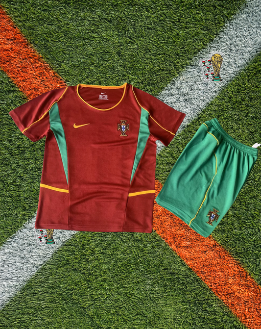 Portugal 2002-2004 Home Jersey – Figo #7 -Deep Red & Emerald Panel World Cup Edition- Kids Edition