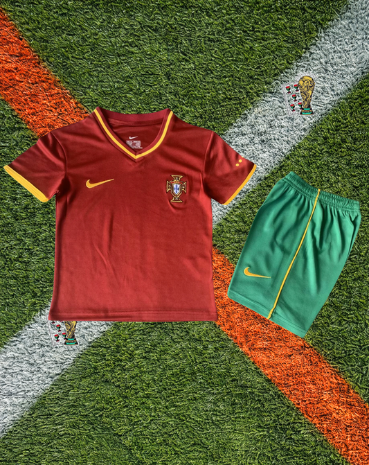 Portugal 2000/2001 Home Jersey –Deep Maroon Burgundy Gold Trim V-Neck Green Shorts- Kids Edition