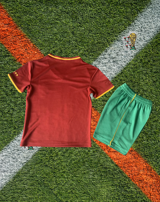 Portugal 2000/2001 Home Jersey –Deep Maroon Burgundy Gold Trim V-Neck Green Shorts- Kids Edition