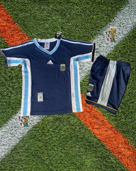 Argentina 1998 Away Jersey - Vintage Navy Sky Blue Embossed Sun of May Crest Polo- Kids Jersey