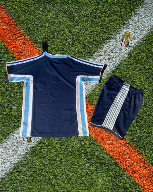 Argentina 1998 Away Jersey - Vintage Navy Sky Blue Embossed Sun of May Crest Polo- Kids Jersey