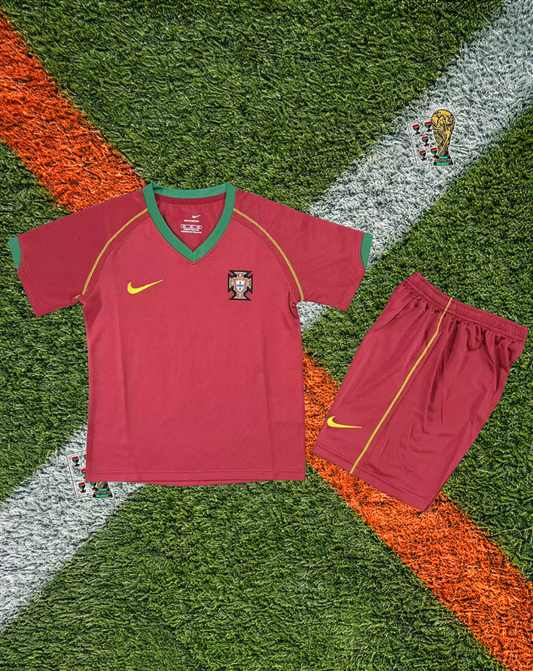 Portugal 2006 Home Jersey –Deep Maroon Burgundy Metallic Gold Trim V-Neck- Kids Edition