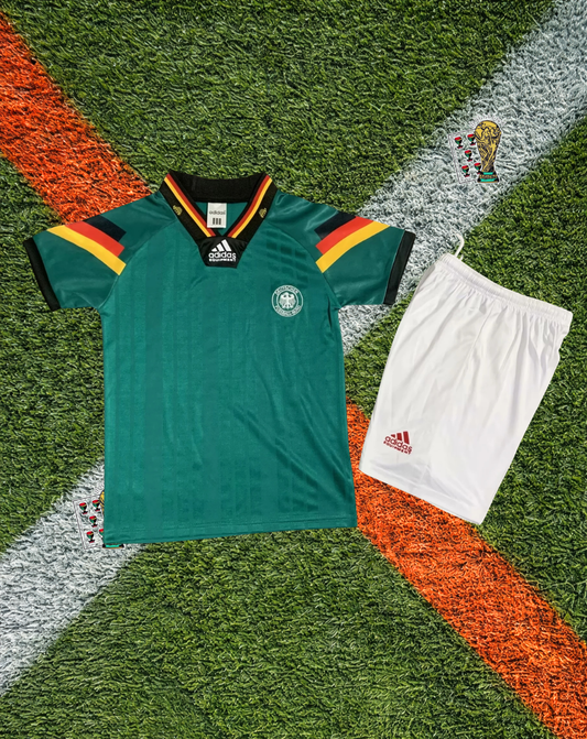 Germany 1992 Away Vintage Jersey – Deep Teal Flag Shoulder Stripe V-Neck White Shorts - Youth Edition