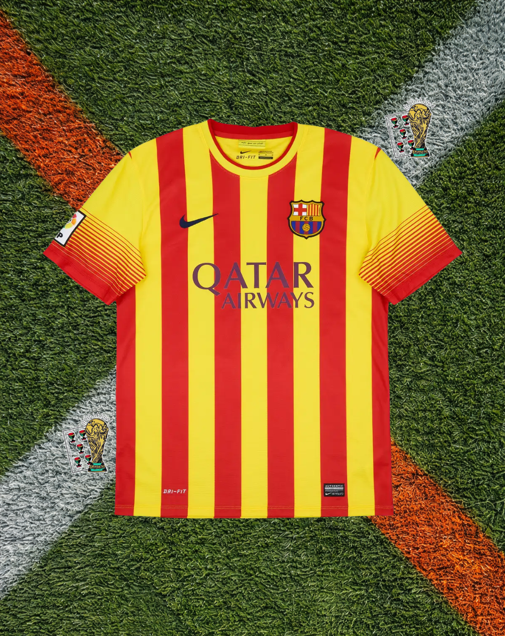 FC Barcelona 2013–14 Away Messi #10 – Nike Yellow & Red Striped Classic Football Shirt Qatar Airways Vintage