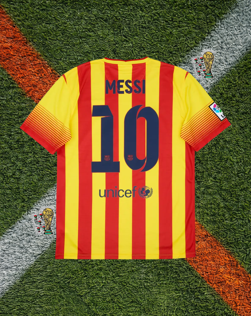 FC Barcelona 2013–14 Away Messi #10 – Nike Yellow & Red Striped Classic Football Shirt Qatar Airways Vintage