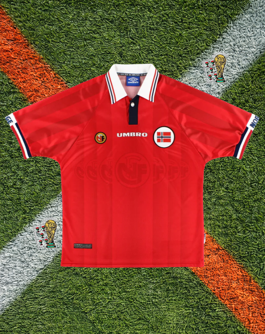 Norway 1998 Home Jersey – World Cup France Edition- Classic Red Norge Chest Band V-Neck
