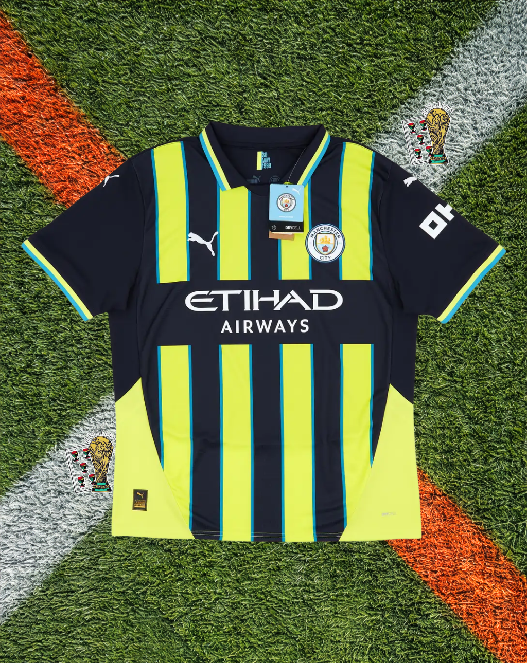 Manchester City 2024-25 Away Jersey – Haaland #9 – Puma Neon Yellow & Navy Pinstripe
