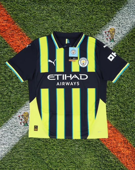 Manchester City 2024-25 Away Jersey – Haaland #9 – Puma Neon Yellow & Navy Pinstripe