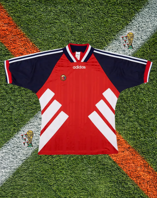 Norway 1994/1996 Home Jersey – Classic Red Geometric Watermark V-Neck