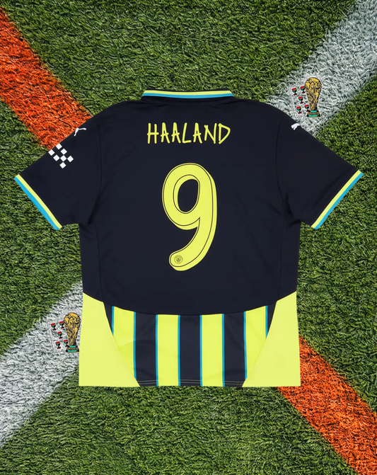 Manchester City 2024-25 Away Jersey – Haaland #9 – Puma Neon Yellow & Navy Pinstripe