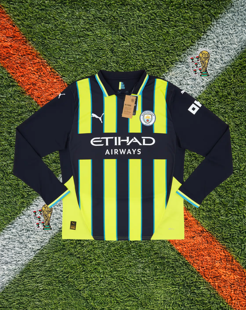 Manchester City 2024-25 Away Jersey – Haaland #9 – Puma Neon Yellow & Navy Pinstripe- Long Sleeve